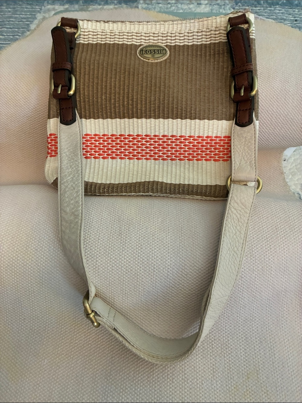 Fossil Explorer Striped Straw & Leather Stripe Crossbody bag Brown,Cream & Coral